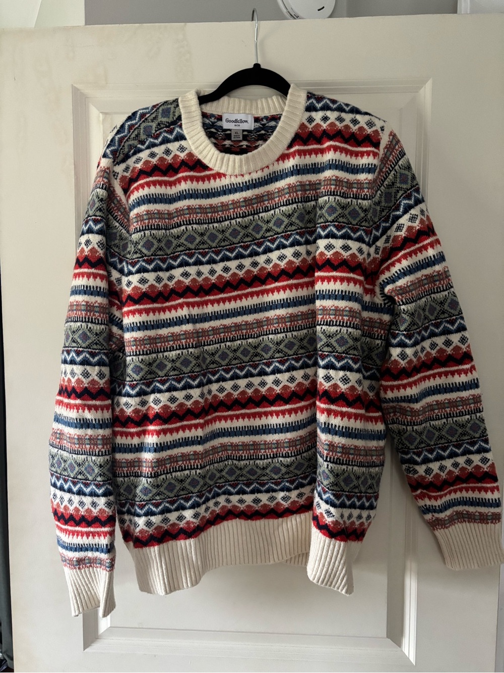 Goodfellow & Co Cream Fair Isle Crewneck Sweater with Red & Navy Pattern